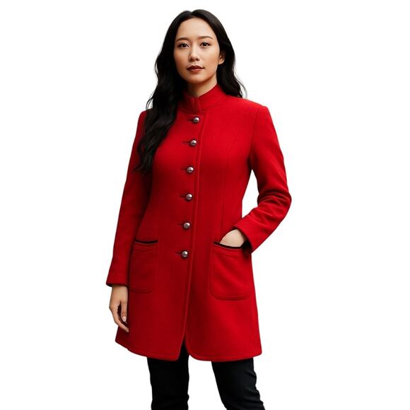 Geiger Austria Red Wool 3/4 Length Button Up Coat Jacket Button Front Pockets 36 - Picture 1 of 6